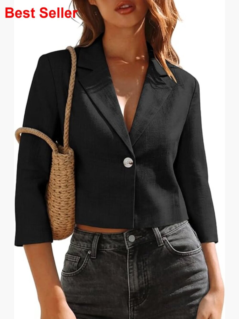 Linen Blend 3/4 Sleeve Cropped Blazer Lightweight Fully-Lined Work Jacket